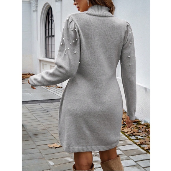 Grey Sweater Short Mini Dress Faux Pearl Embellished Long Sleeve - Picture 12 of 13